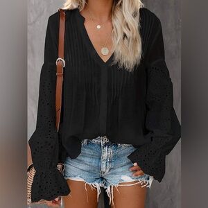 Chic Black Blouse with Eyelet Sleeves